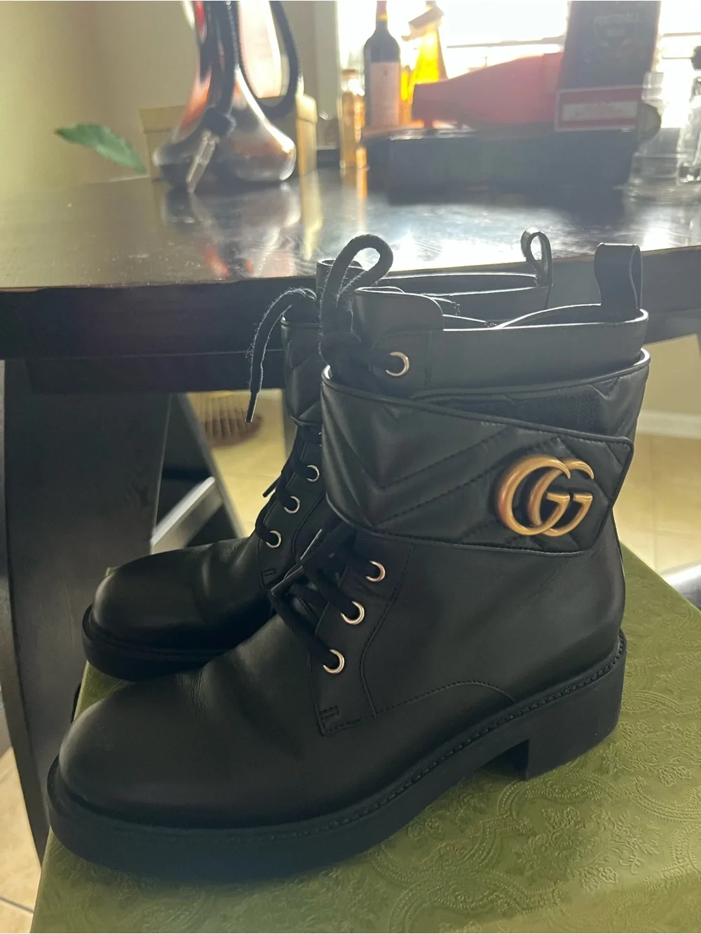 Gucci Black Leather Lace-Up Ankle Boots with Gold Hardware